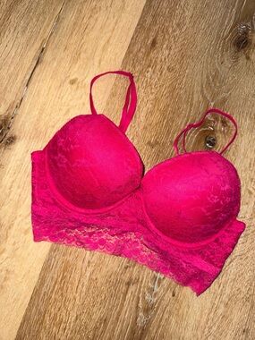 Lace Longline Padded Bralette - Hot Pink